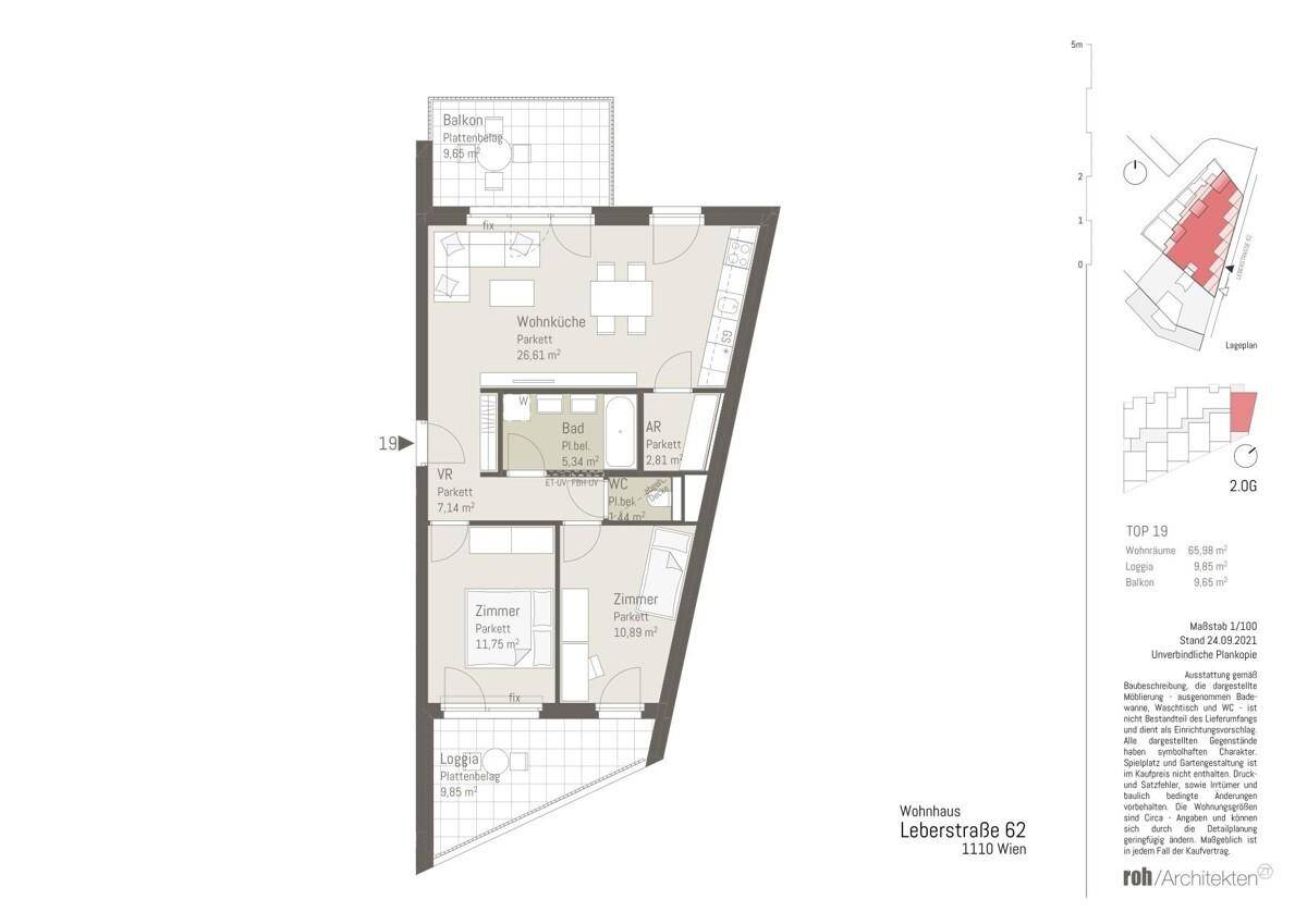 Detaillierter Grundriss einer Wohnung mit Wohnküche, zwei Zimmern, Bad und Loggia.
