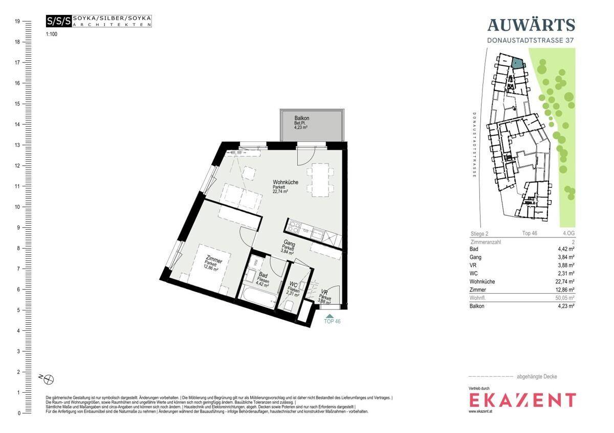Grundriss einer Wohnung mit Wohnküche, Schlafzimmer, Bad, separatem WC und Balkon.