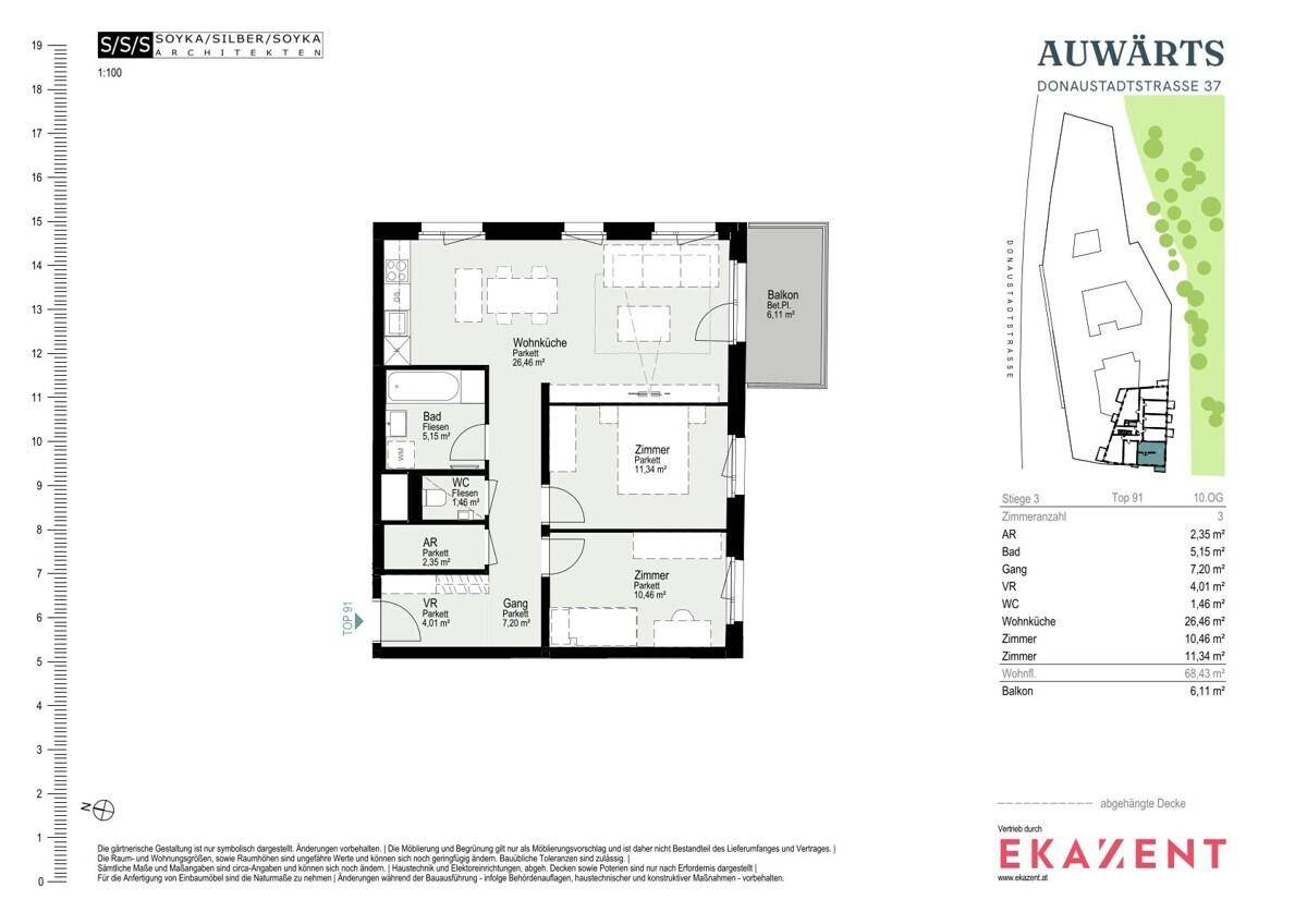 Detaillierter Grundriss einer Wohnung mit drei Zimmern, Bad, WC und Balkon.