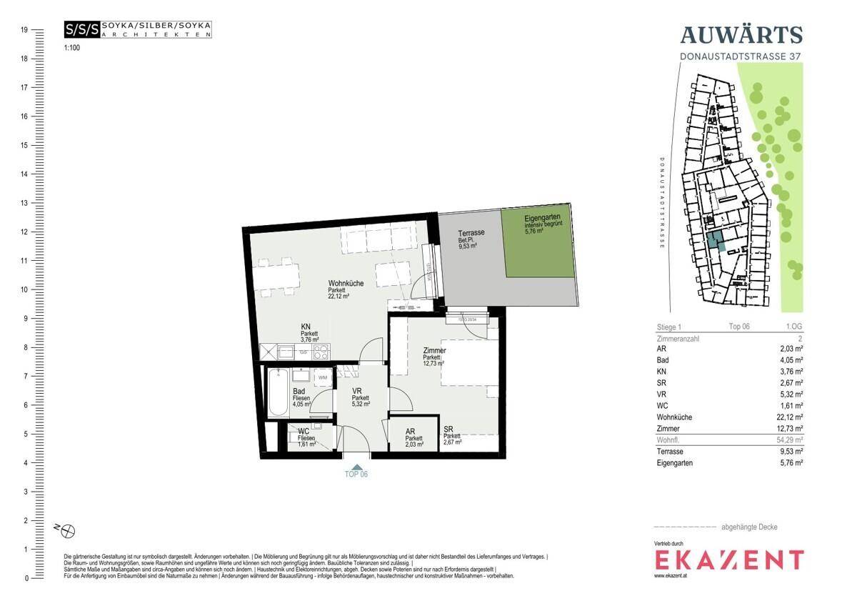 Grundriss einer Wohnung mit Wohnküche, Zimmer, Bad, WC, Terrasse und Eigengarten.