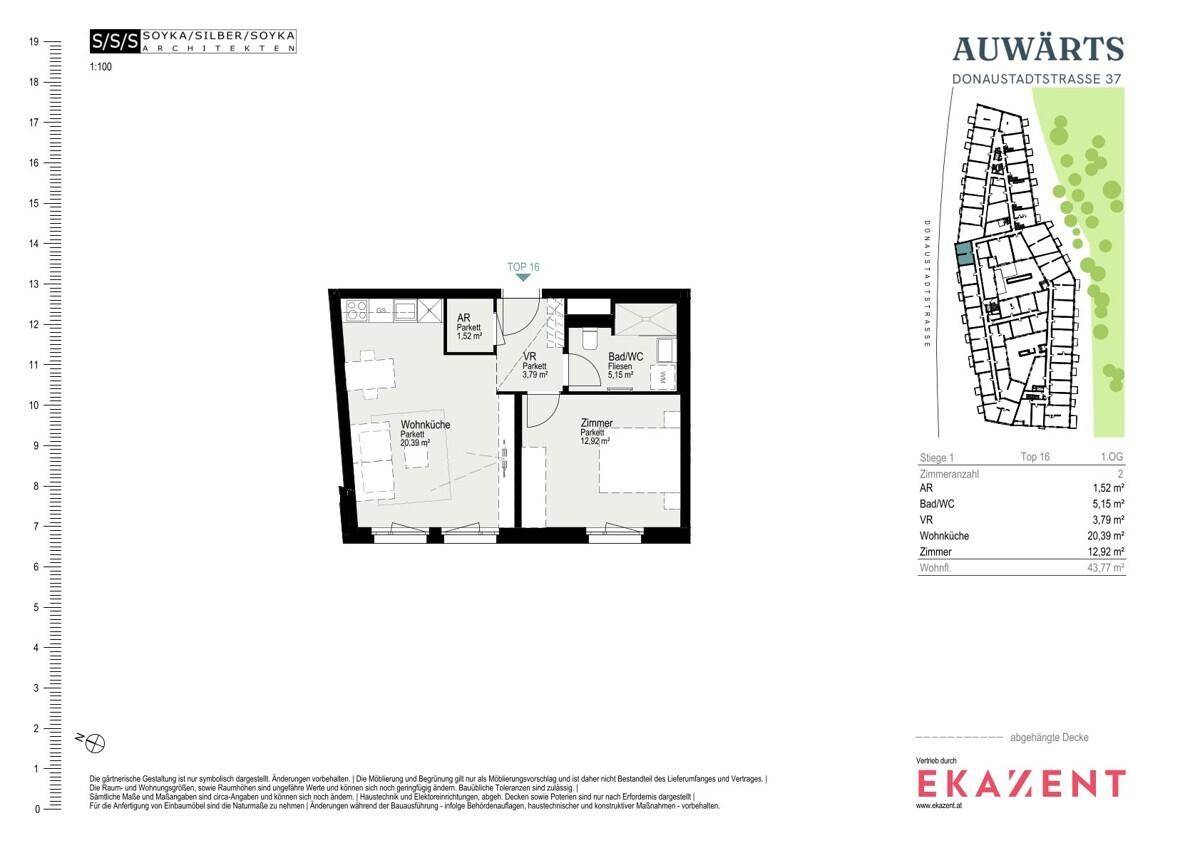 Grundriss einer Wohnung mit Wohnküche, Schlafzimmer, Bad/WC und Abstellraum.