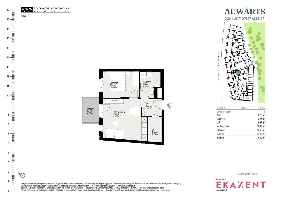 Grundriss einer 2-Zimmer-Wohnung mit Balkon, offener Wohnküche und separatem Gäste-WC.
