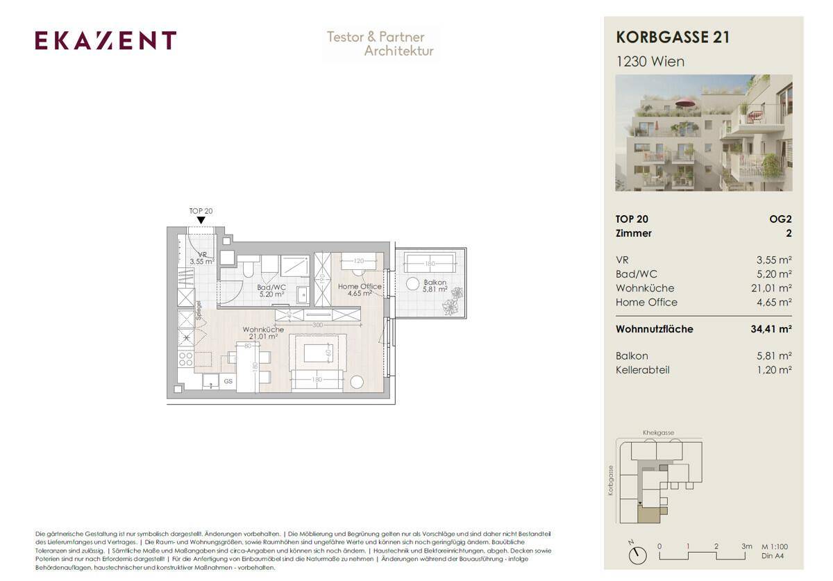 Detaillierter Grundriss einer Wohnung mit Wohnküche, Home Office und Balkon.