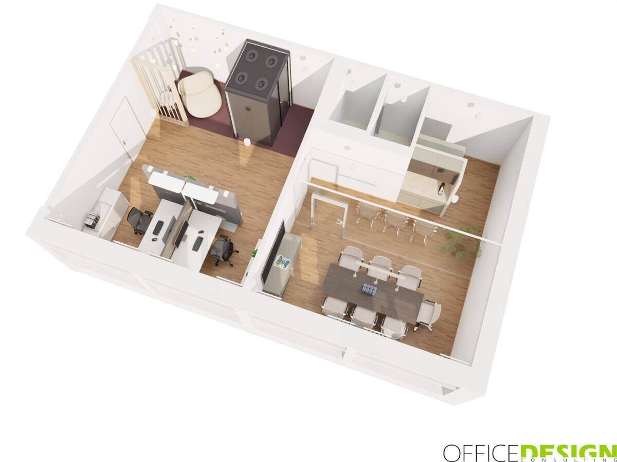 3D-Grundrissansicht eines Büros mit offenen Arbeitsbereichen, einem Besprechungsraum und einer gemütlichen Lounge-Ecke.