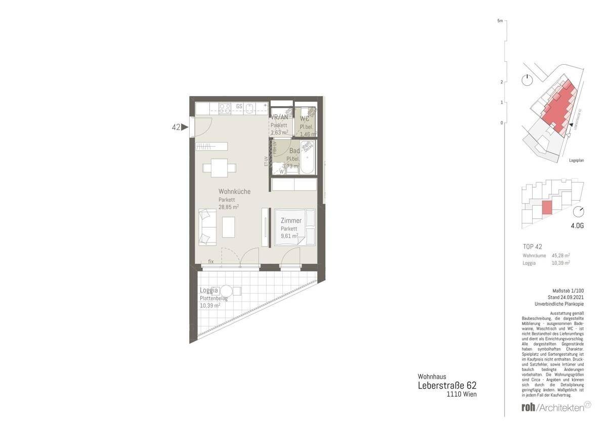Detaillierter Grundriss einer Wohnung mit Loggia, offener Wohnküche und separatem Zimmer.