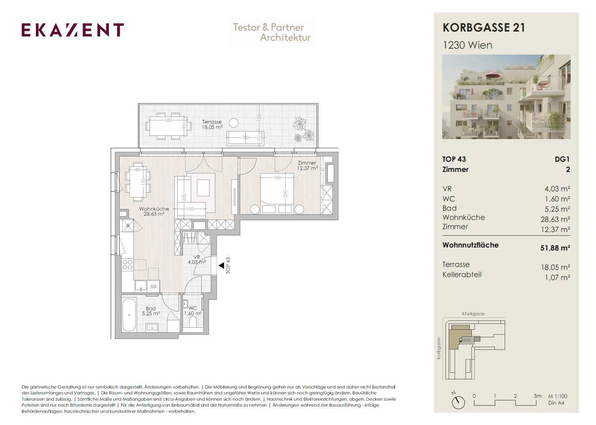 Detaillierter Grundriss einer Wohnung mit Wohnküche, Schlafzimmer, Bad und einer großzügigen Terrasse.