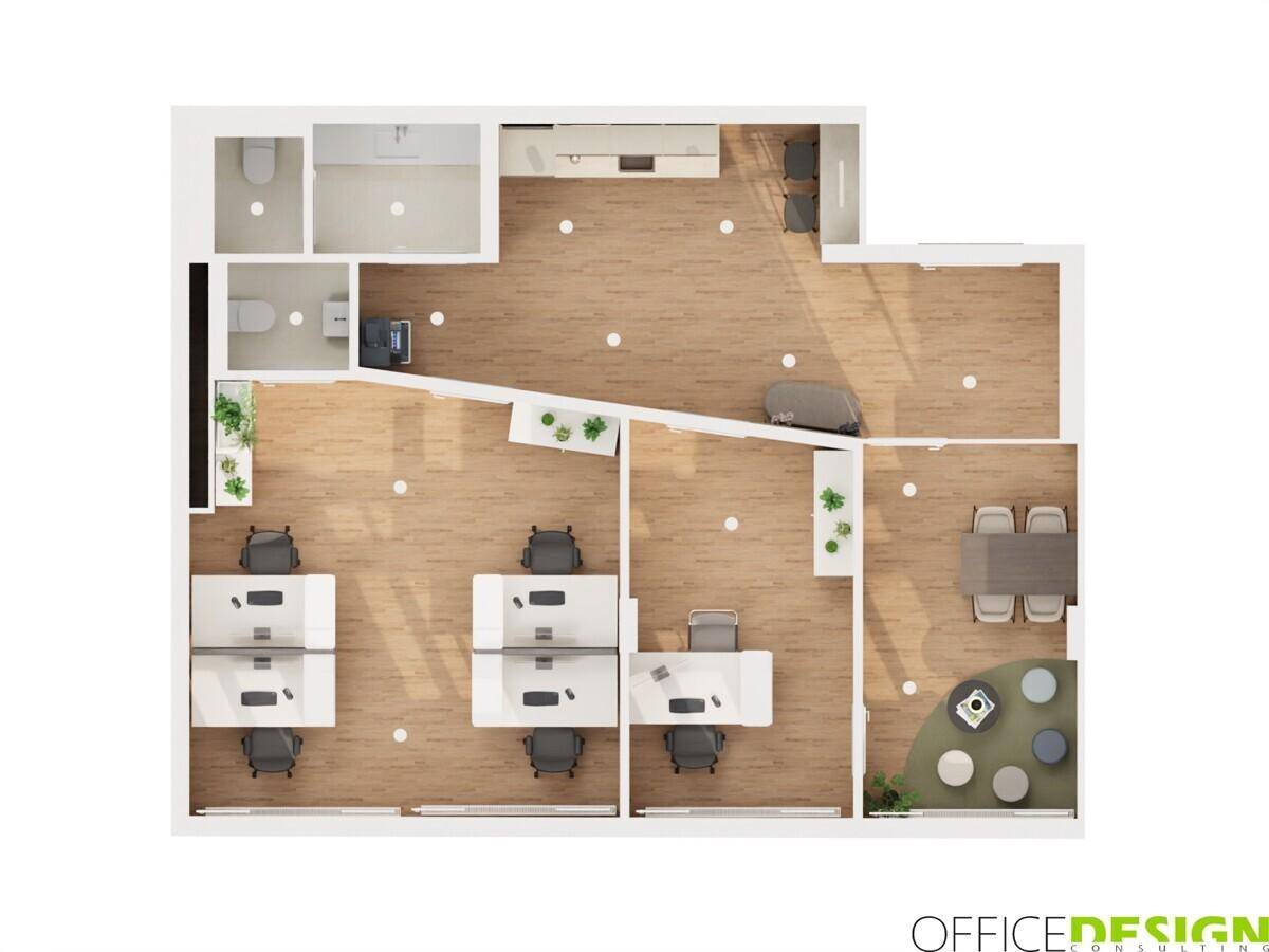 Gerenderter Grundriss eines modernen Büros mit mehreren Arbeitsplätzen, einer Teeküche und zwei Bädern.