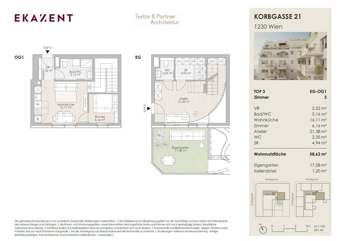 Detaillierter Grundriss einer Wohnung mit Garten und mehreren Zimmern auf zwei Ebenen.