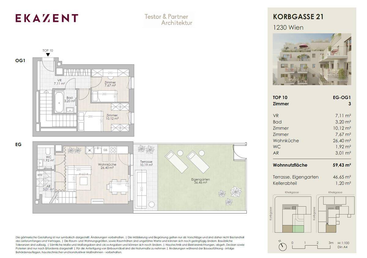 Detaillierter Grundriss einer Maisonette-Wohnung mit Garten, Terrasse und mehreren Zimmern.
