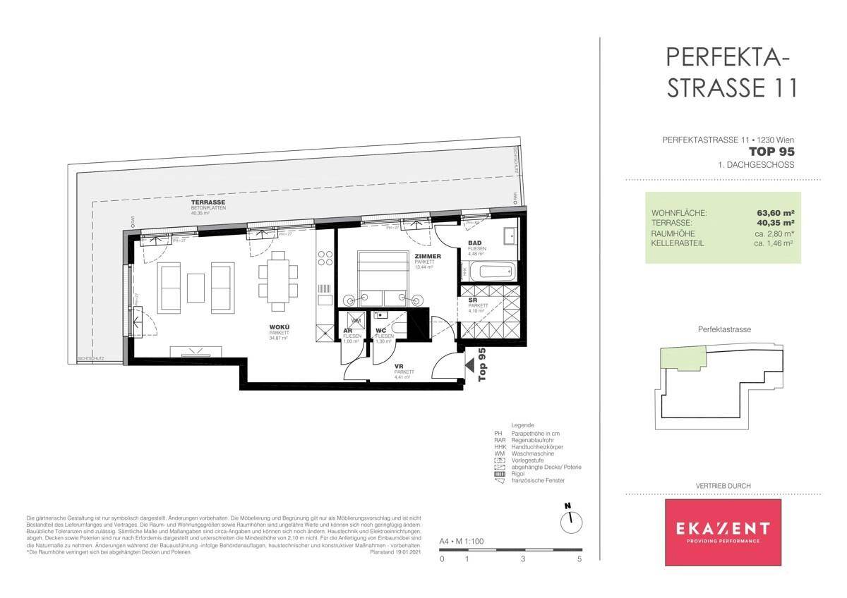 Grundriss der Wohnung Top 95 mit Wohnküche, Schlafzimmer, Bad und großer Terrasse.