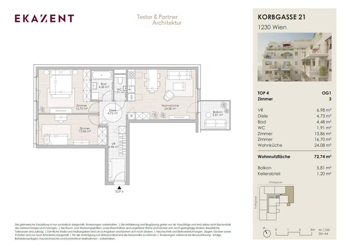 Detaillierter Grundriss der Wohnung mit offener Raumaufteilung, Balkon und Kellerabteil.