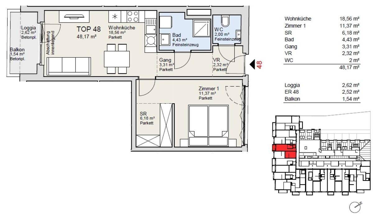 Detaillierter Grundriss der Wohnung TOP 48 mit offener Wohnküche, Schlafzimmer und Balkon.