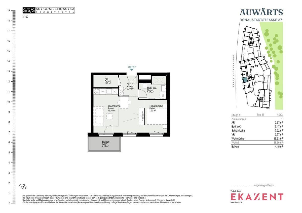 Grundriss einer Zweizimmerwohnung mit separater Küche, Bad, WC und einem Balkon.
