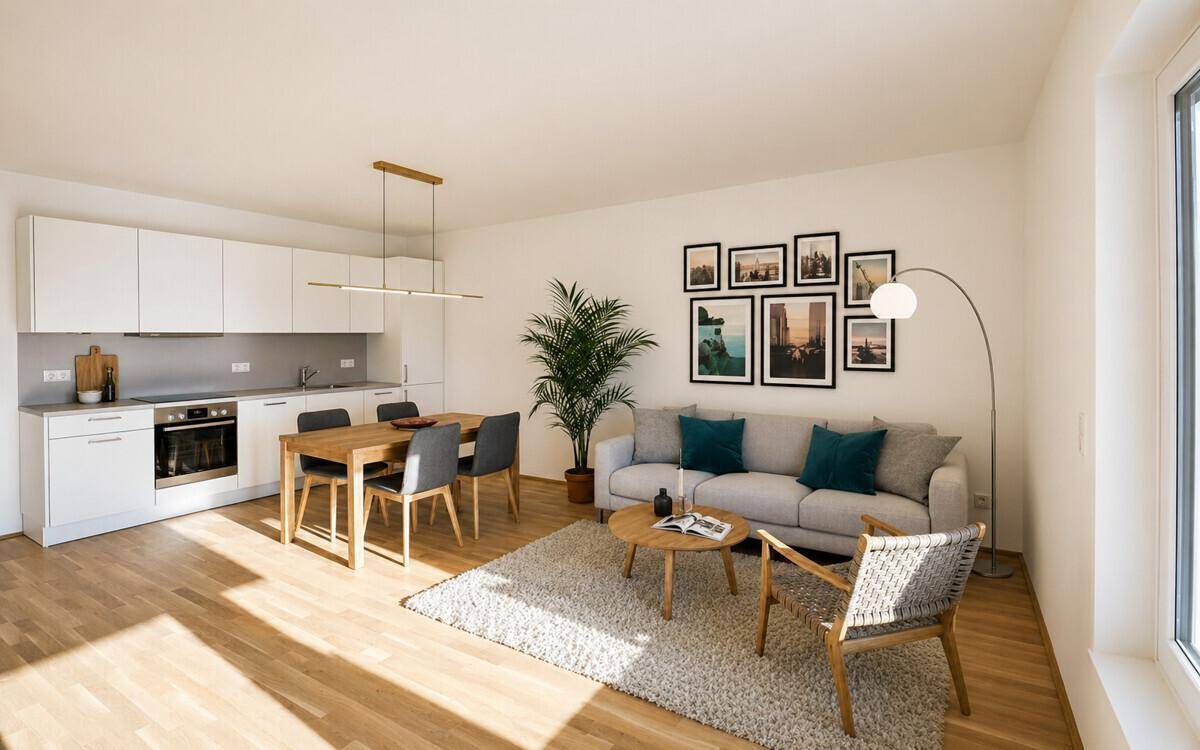 Modern eingerichteter offener Wohn-Essbereich mit integrierter Küche und Holzboden.