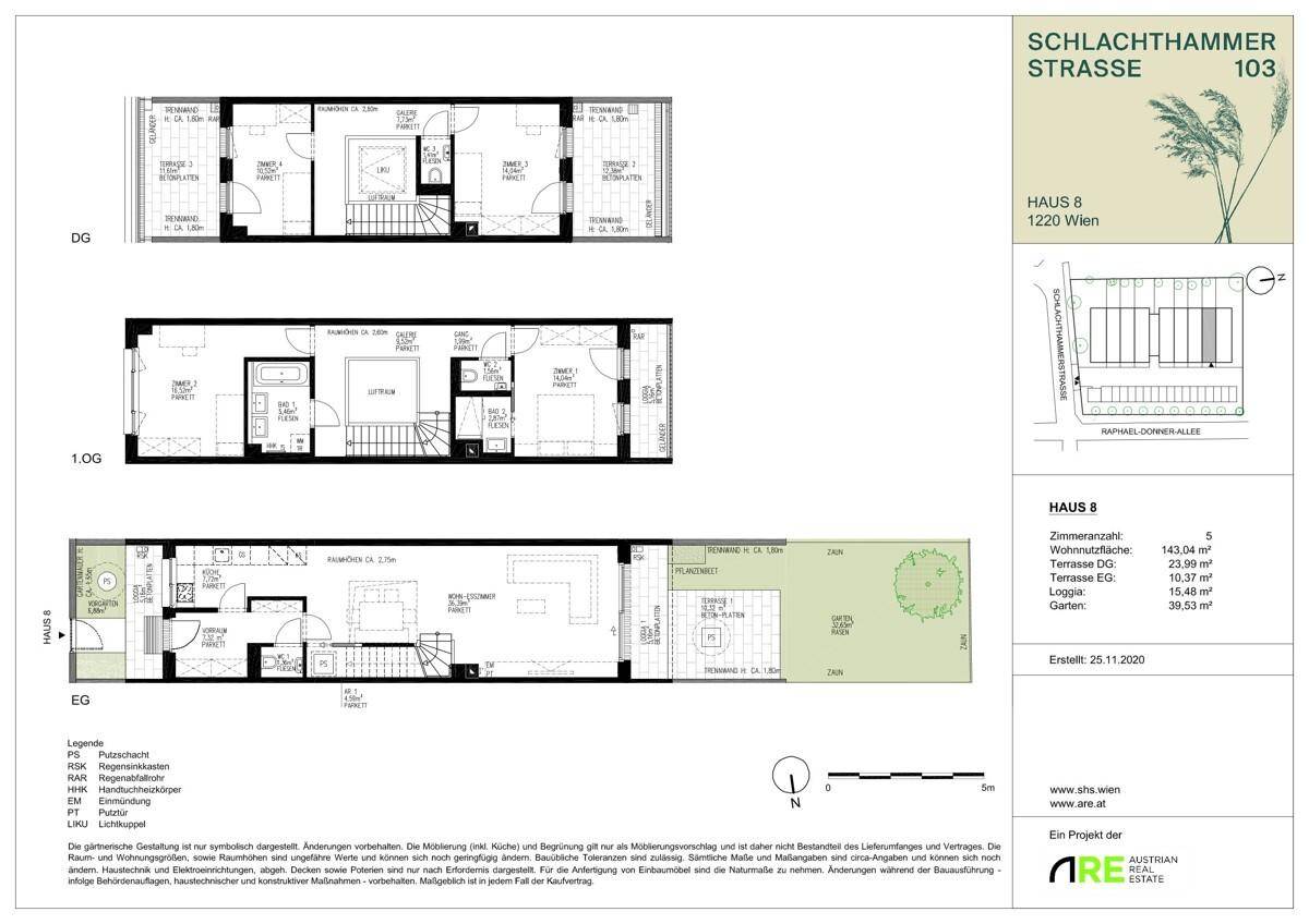 Detaillierter Grundriss des Hauses mit drei Etagen, Garten und Terrassenflächen.