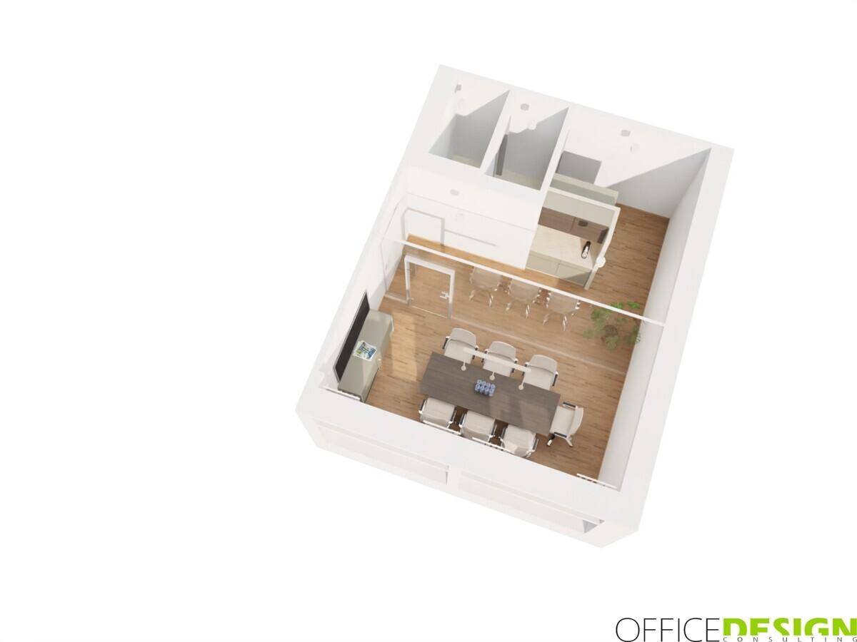 3D-Ansicht eines Besprechungsraums und angrenzender Sanitärbereiche im Bürogebäude.