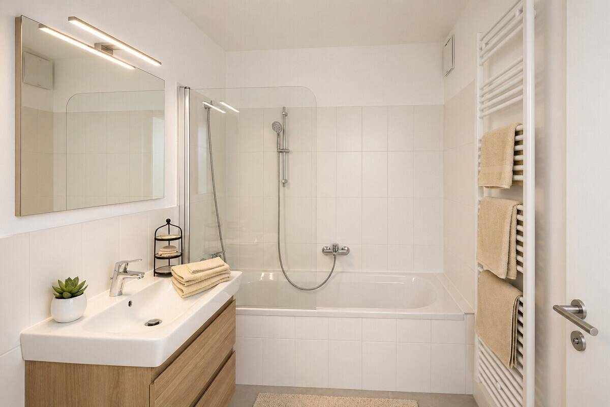 Modernes Badezimmer mit Badewanne, Duschabtrennung, Waschbeckenunterschrank und Handtuchheizkörper.