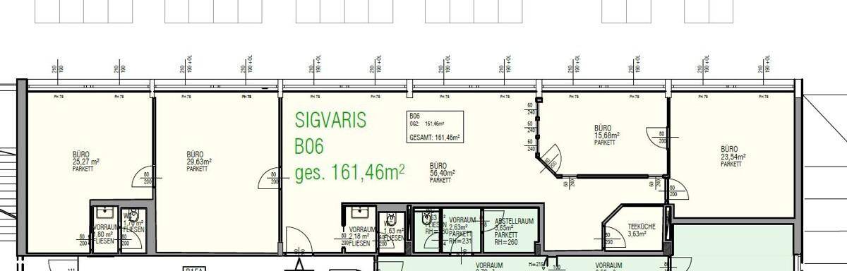 Detaillierter Grundriss eines Bürokomplexes mit mehreren Räumen und Gesamtfläche von 161,46m².