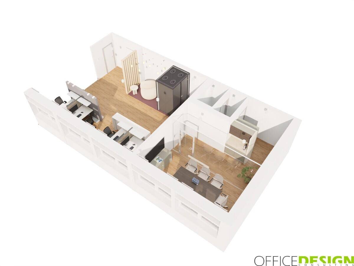 3D-Grundrissansicht eines Büros mit flexiblen Arbeitsbereichen, einem Besprechungszimmer und einem entspannenden Loungebereich.