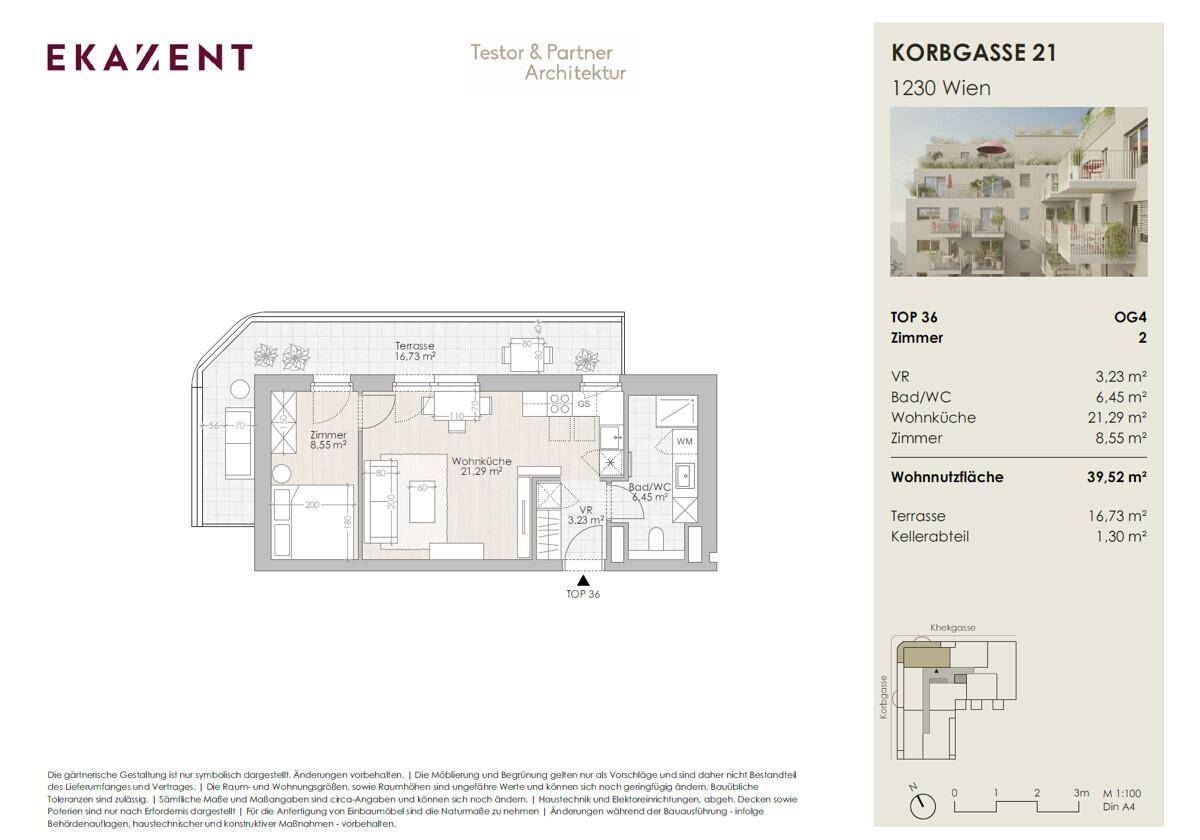 Grundriss einer Wohnung mit zwei Zimmern, Terrasse und Kellerabteil, Gesamtfläche 39,52 m².