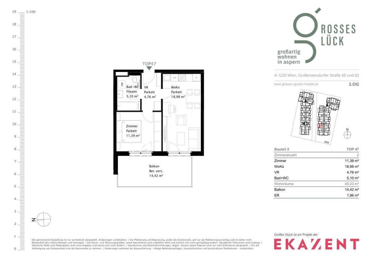 Detaillierter Grundriss einer Wohnung mit Zimmern, Bad, WC, Wohnküche und großem Balkon.
