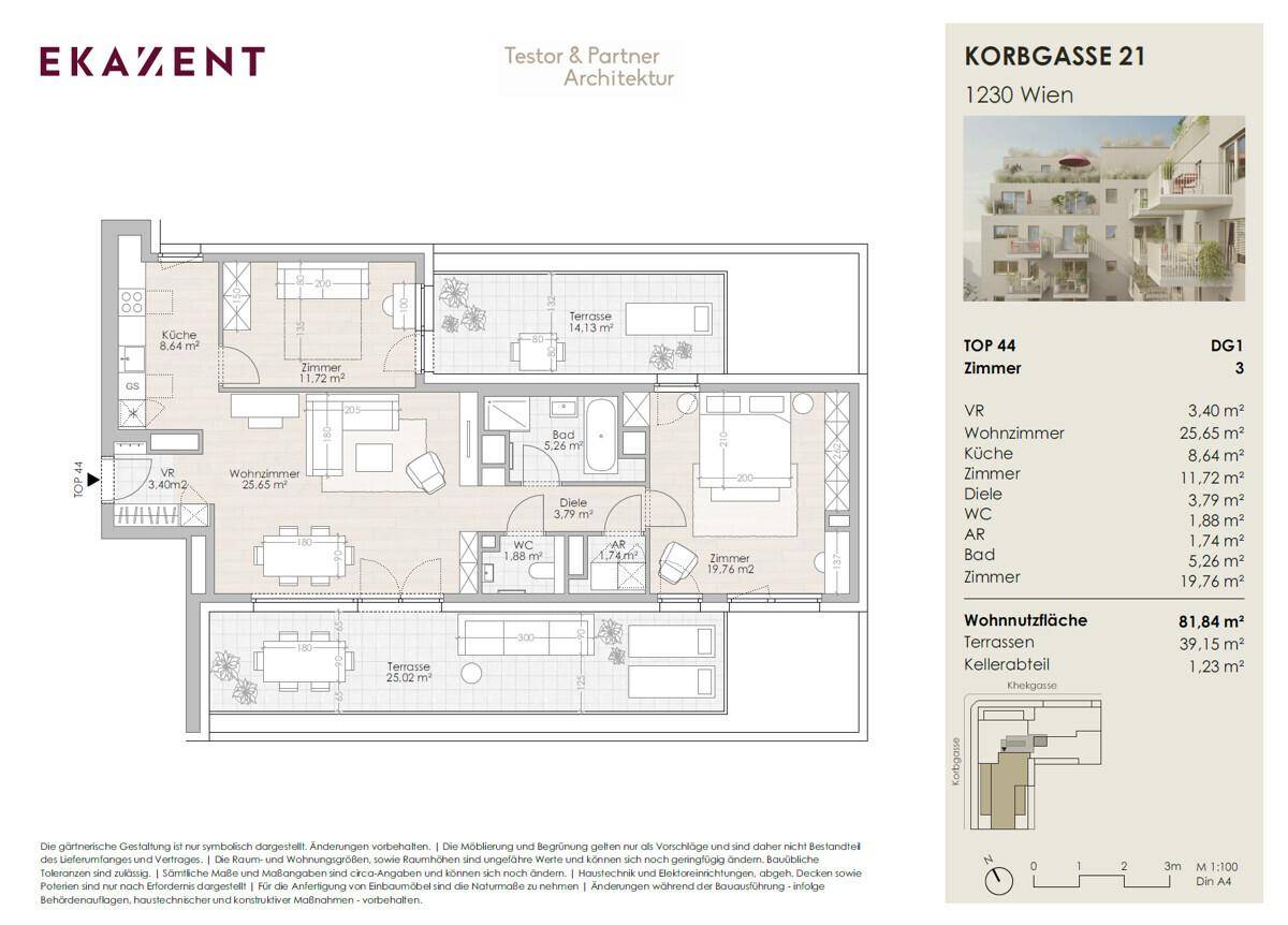 Detaillierter Grundriss einer Wohnung mit mehreren Zimmern und Terrassenbereichen.