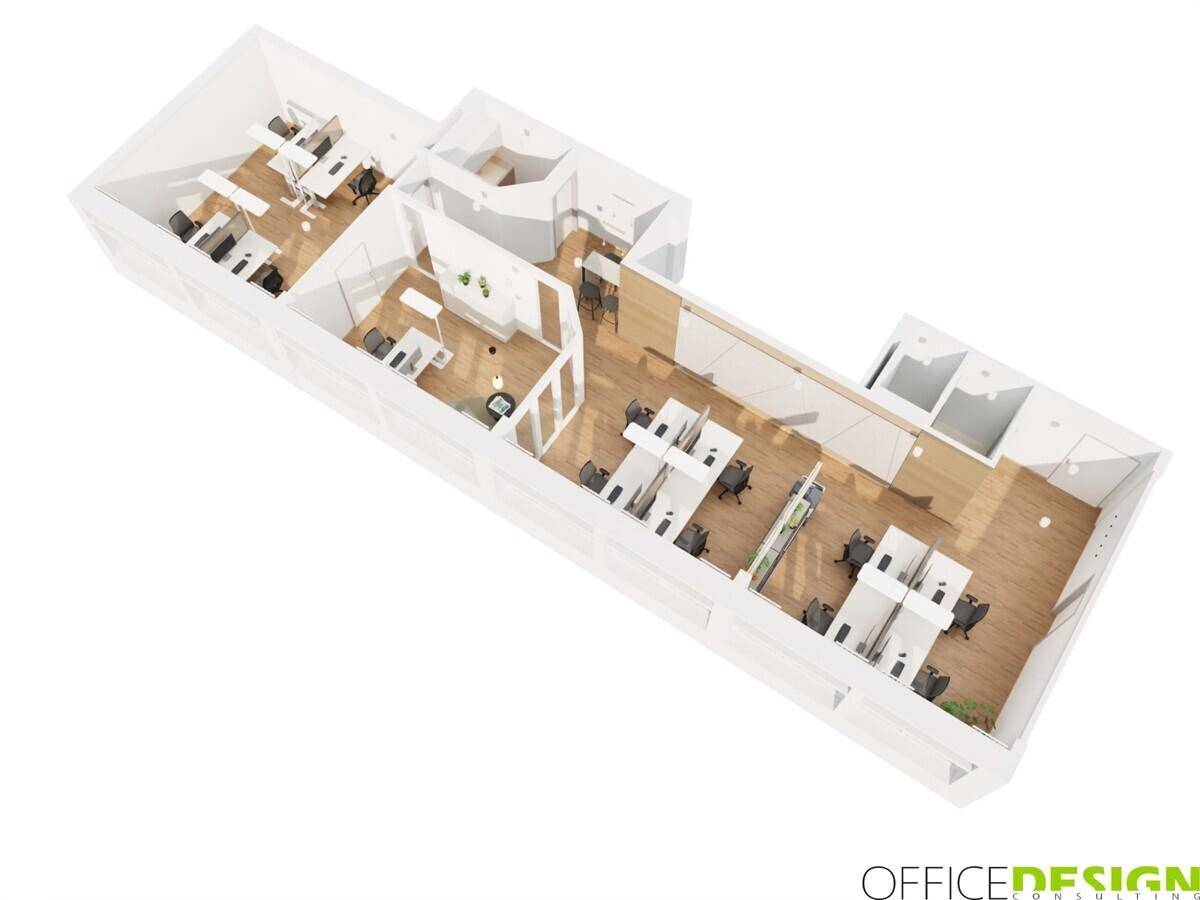 Gesamtansicht des 3D-Grundrisses einer modernen Bürofläche mit verschiedenen Zonen.