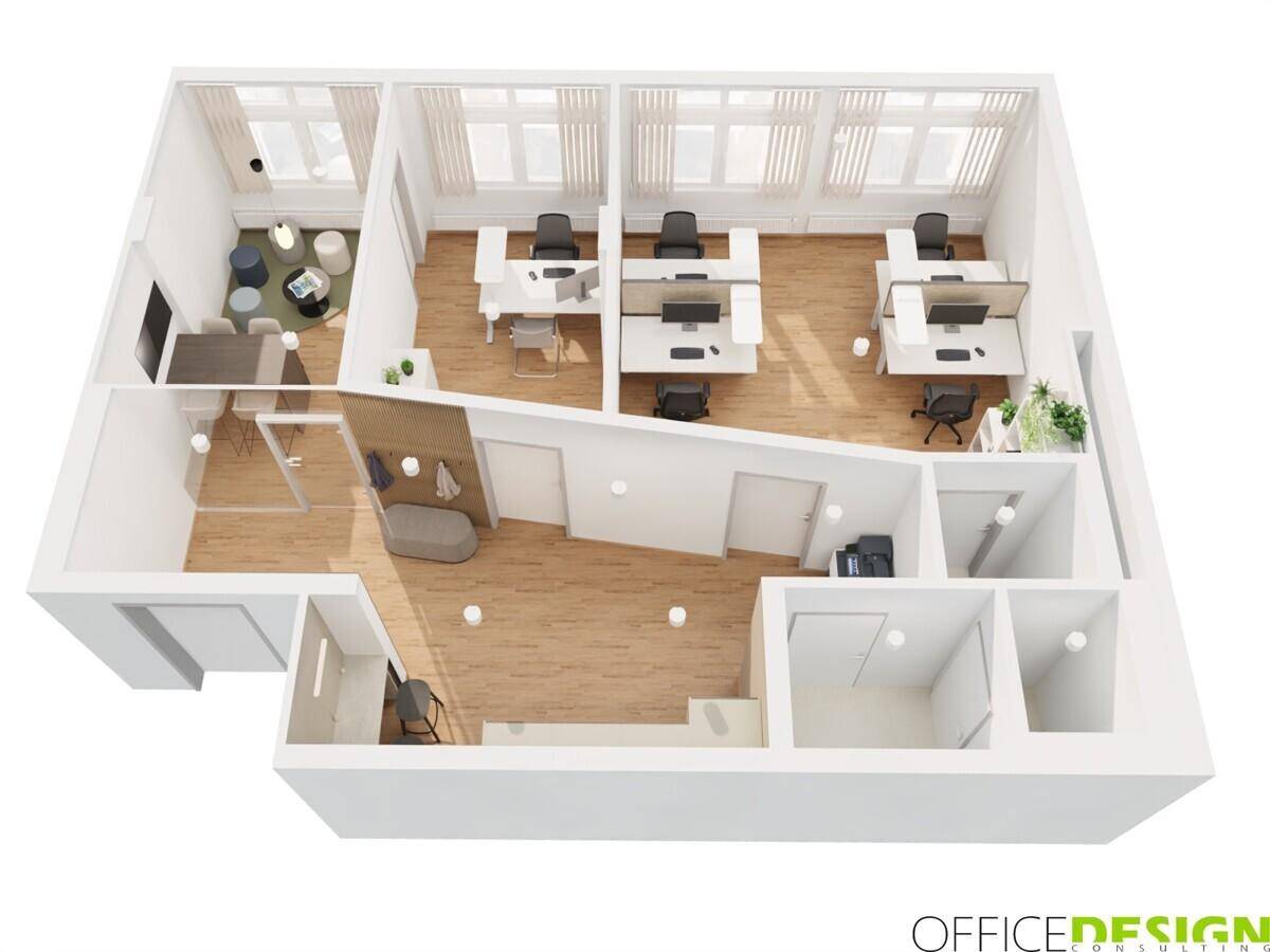 3D-Ansicht eines modernen Büro-Grundrisses mit Arbeitsbereichen, Besprechungszone und Empfangsbereich.