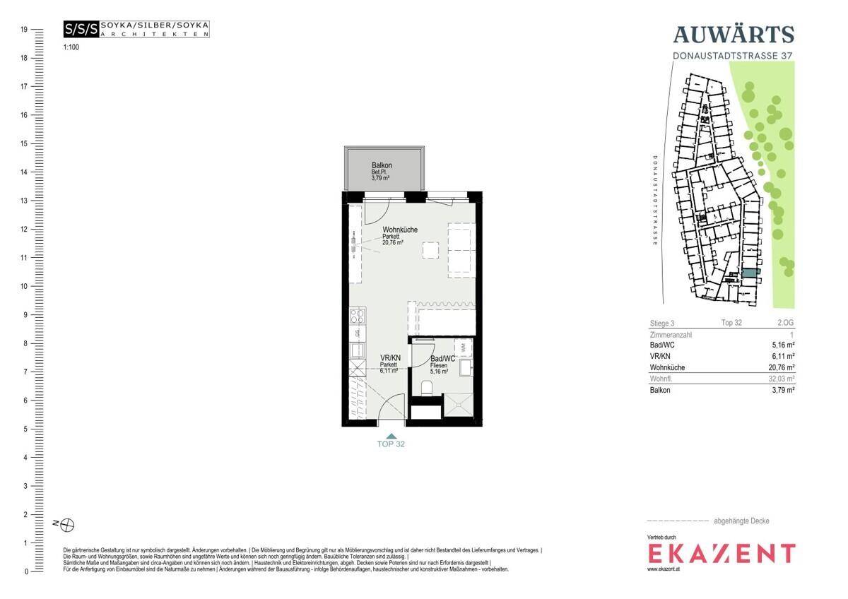 Grundriss einer Wohnung mit Wohnküche, Bad, WC und einem Balkon von 3,79 m².