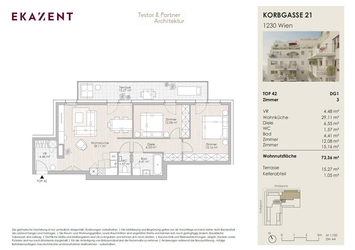 Detaillierter Grundriss einer Wohnung mit drei Zimmern und einer großen Terrasse.