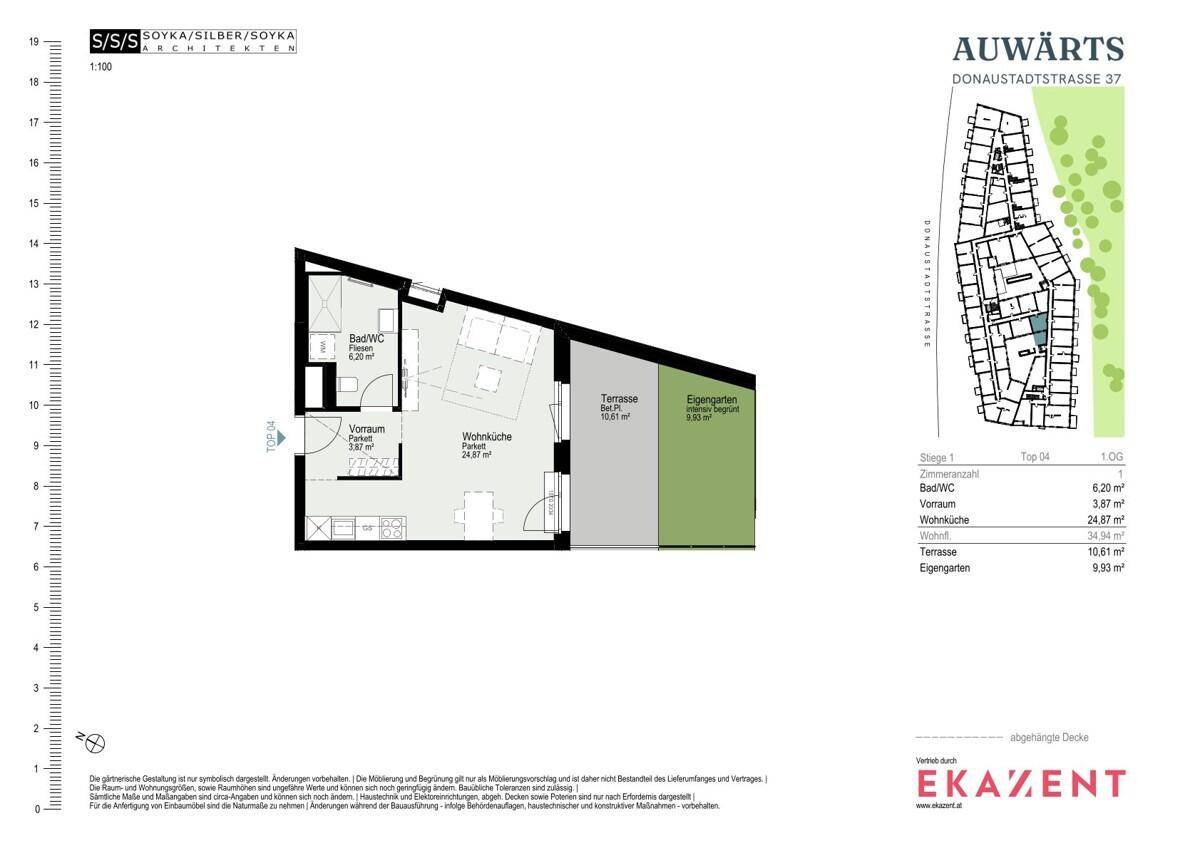 Grundriss einer Wohnung mit Wohnküche, Bad und direktem Zugang zu Terrasse und Eigengarten.