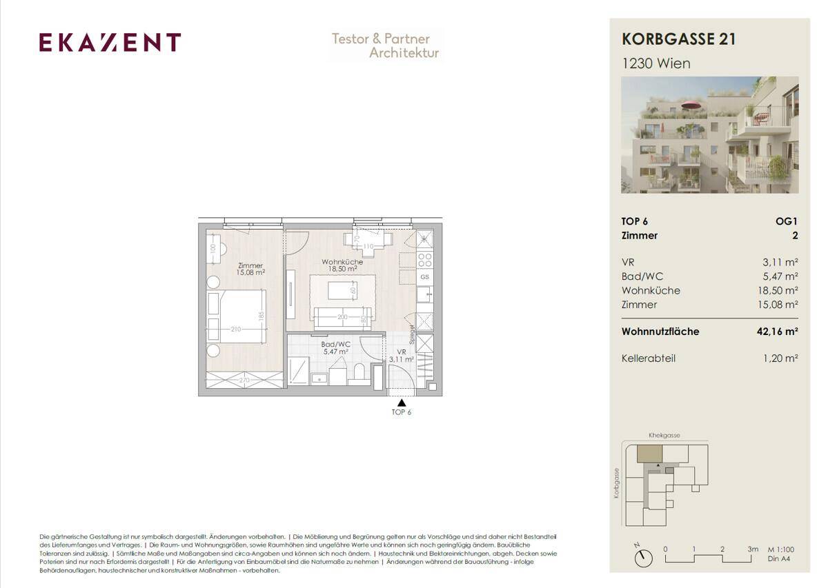 Detaillierter Grundriss der Wohnung Top 6 mit Zimmeraufteilung und Flächenangaben.