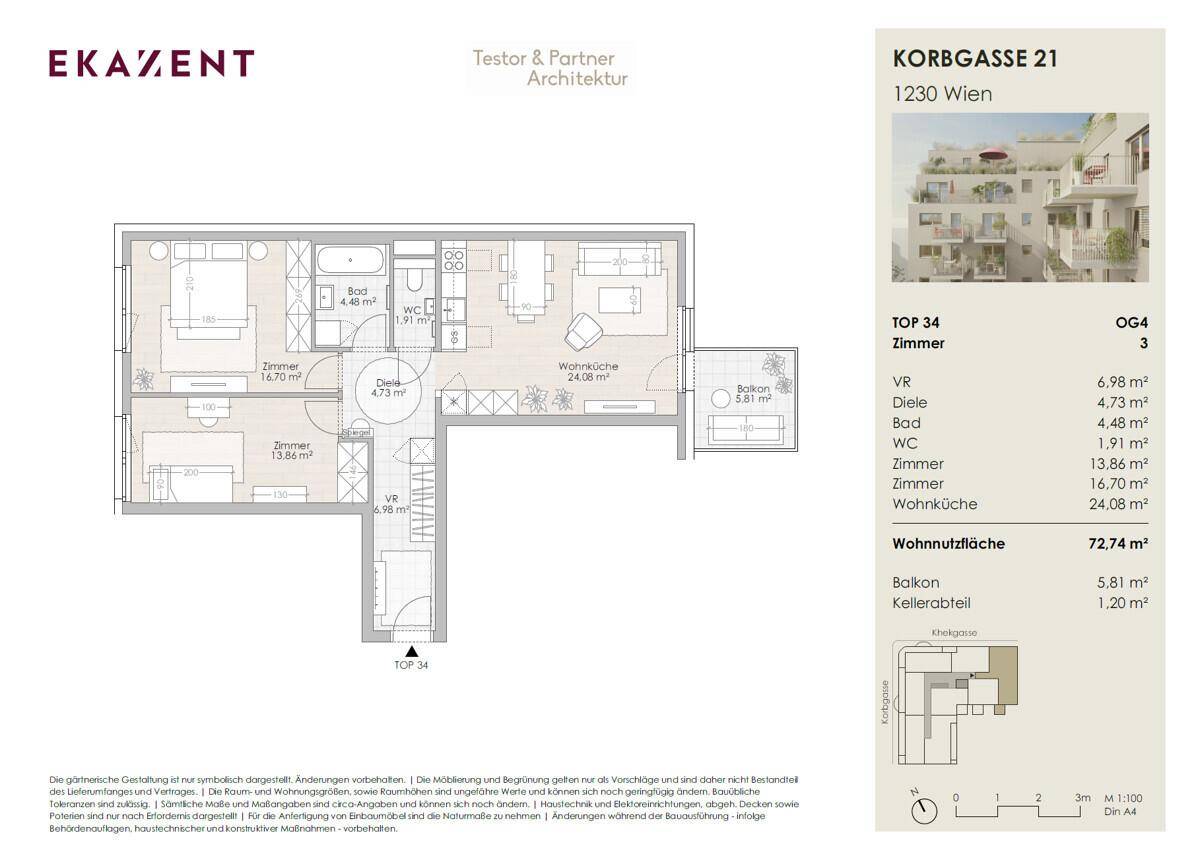 Detaillierter Grundriss einer Wohnung mit drei Zimmern, Balkon und Wohnküche.