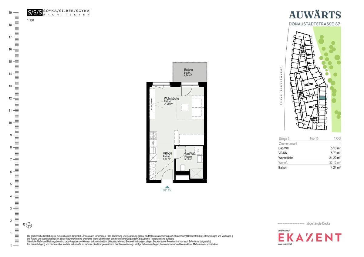 Grundriss einer Wohnung mit offener Wohnküche, Bad und einem Balkon von 4,24 m².