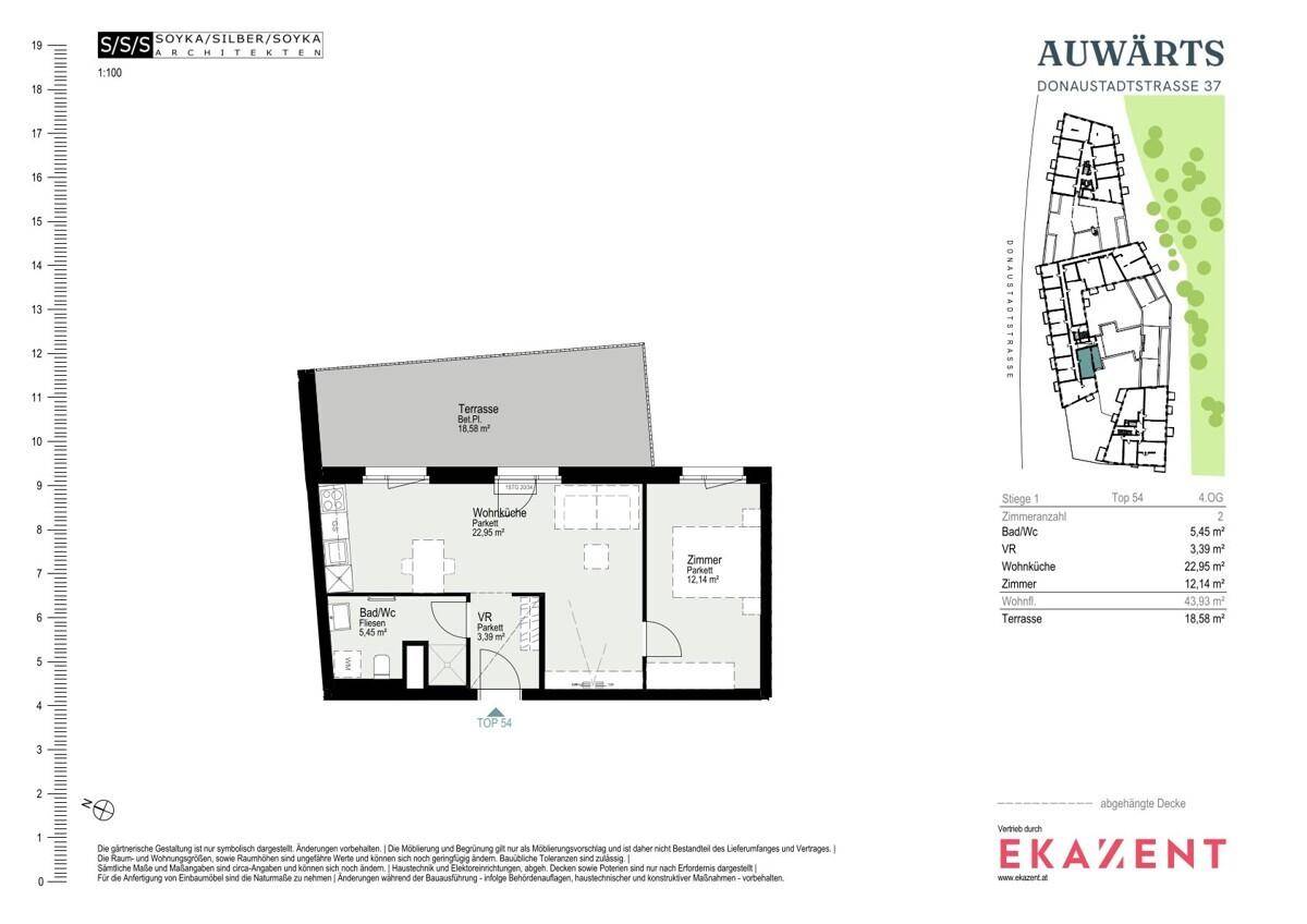 Grundriss einer Wohnung mit großer Terrasse, offener Wohnküche, Schlafzimmer und Badezimmer.