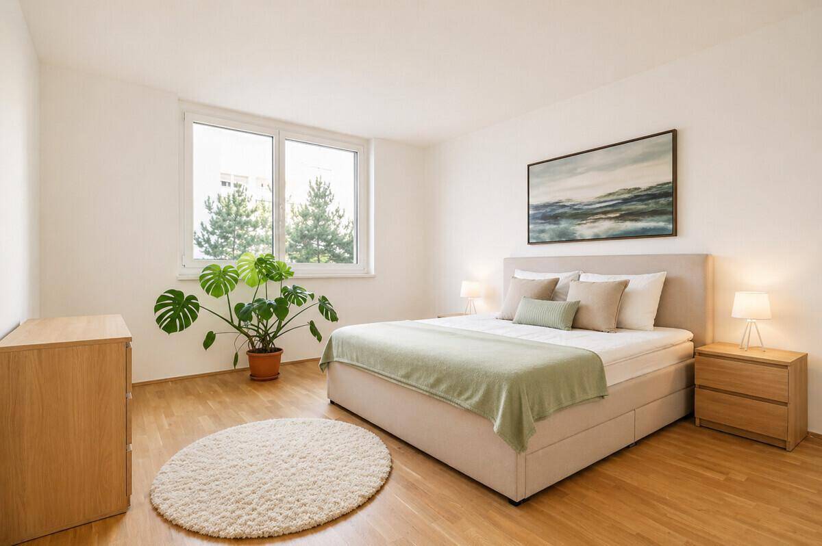 Gemütliches Schlafzimmer mit Doppelbett, Holzboden und großem Fenster für viel Tageslicht.