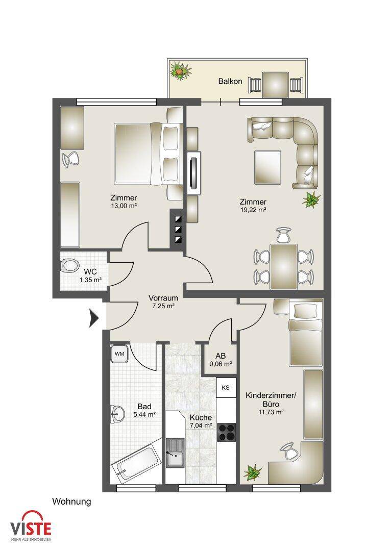 Detaillierter Grundriss einer Wohnung mit drei Zimmern, Bad, WC und Balkon.