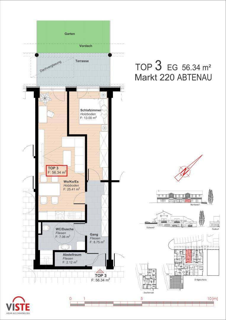 Grundriss der Wohnung TOP 3 im Erdgeschoss mit Terrasse und privatem Gartenbereich.