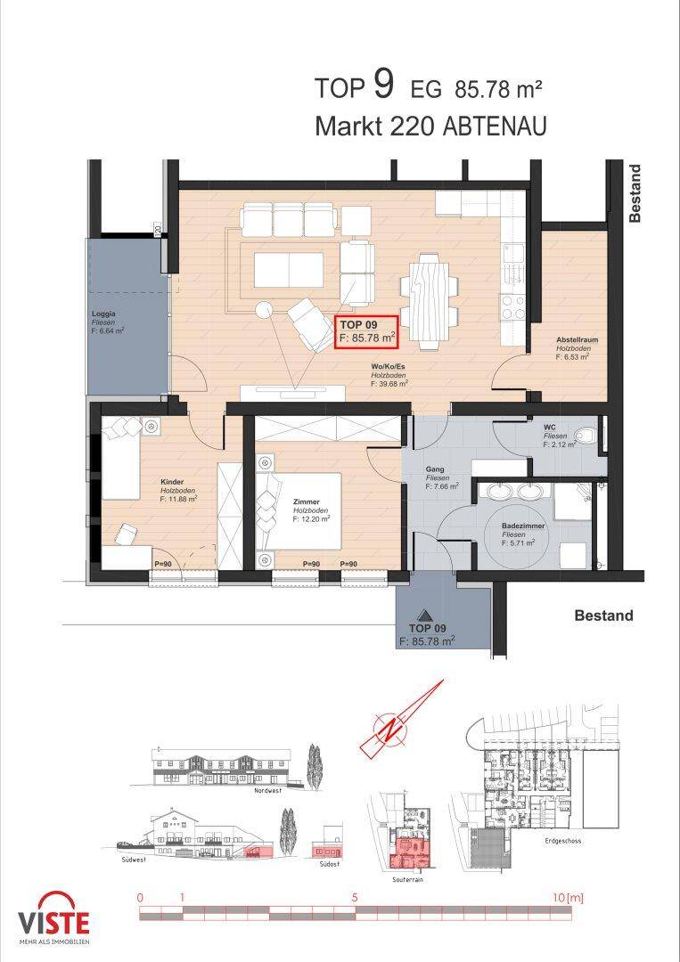 Grundriss der Wohnung Top 9 mit offenem Wohnbereich, Loggia und separatem WC.