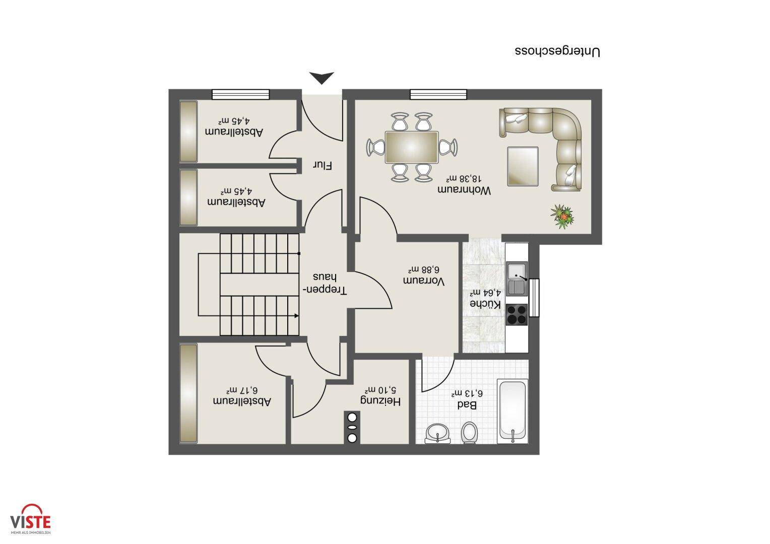 Grundriss des Untergeschosses mit Wohnzimmer, Küche, Bad und Abstellräumen.