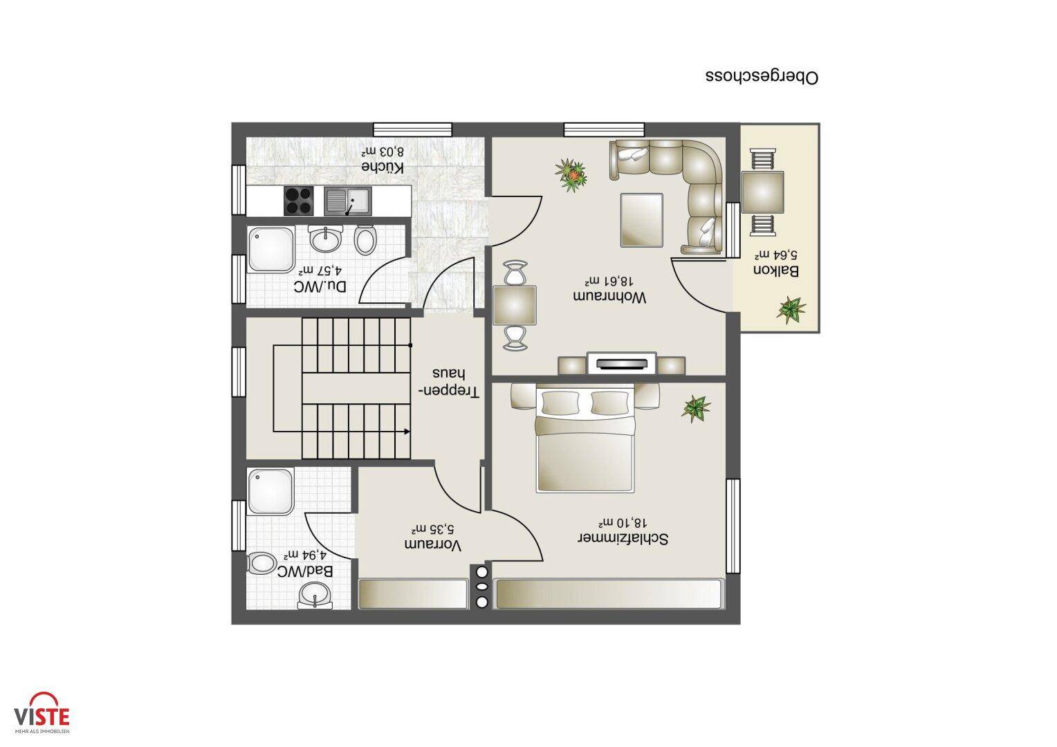 Grundriss des Obergeschosses mit Schlafzimmer, Wohnzimmer, Küche und Balkon.