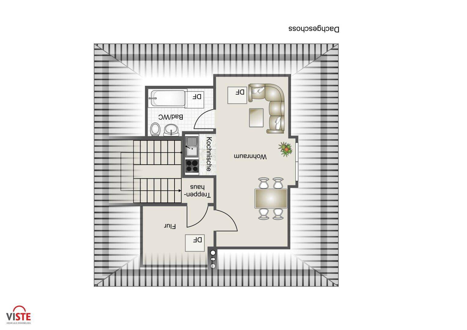 Grundriss des Dachgeschosses mit Wohnzimmer, Kochnische und Bad.