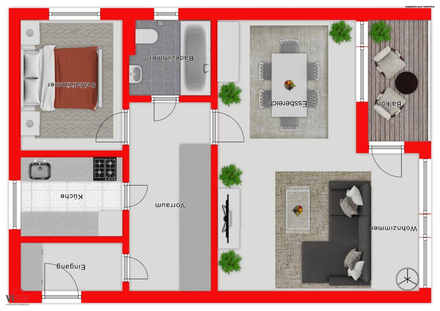 Übersichtlicher Grundriss der Wohnung mit Wohn-, Ess- und Schlafbereich sowie Balkon.