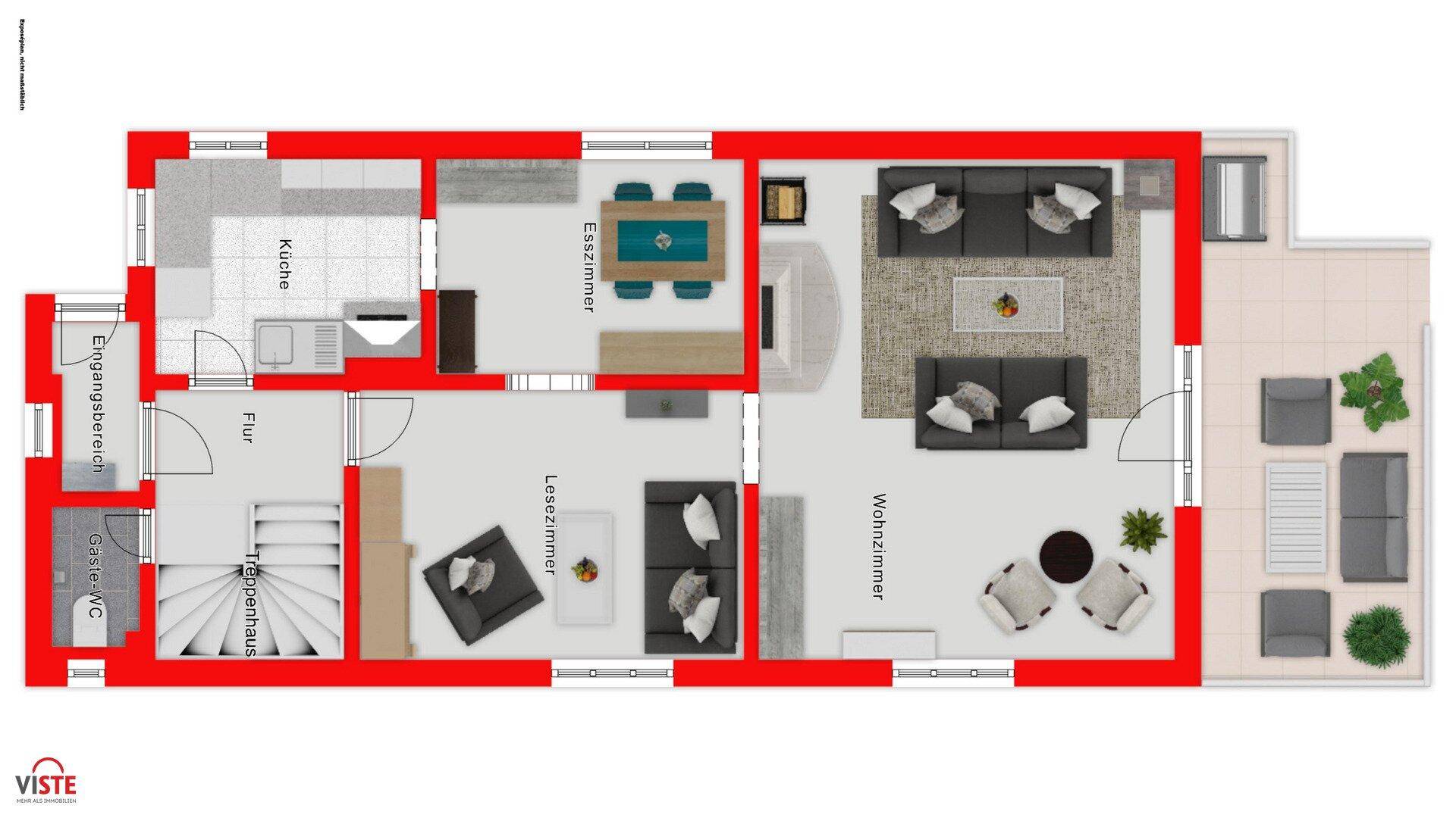 Grundriss des Erdgeschosses mit Wohnzimmer, Esszimmer, Küche und Terrasse.