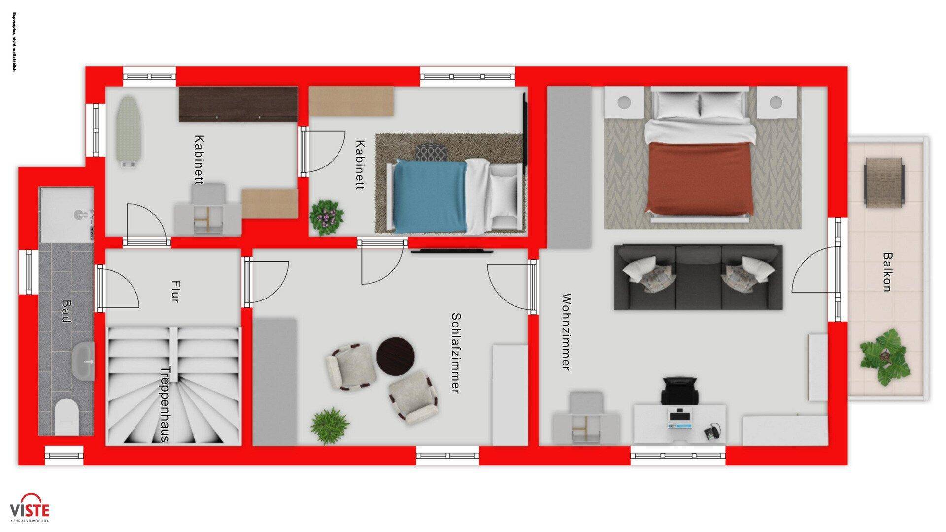 Grundriss des Obergeschosses mit Schlafzimmern, Bad und Balkon.