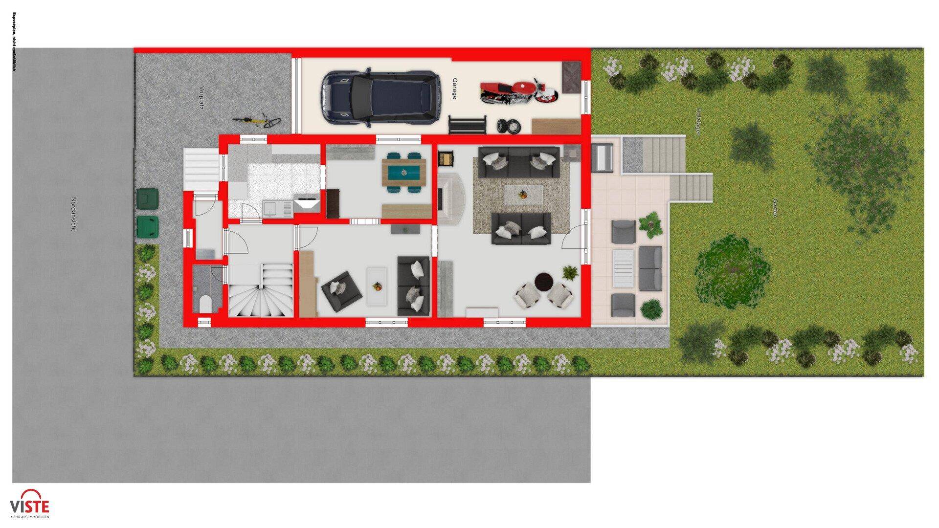 Gesamtgrundriss des Grundstücks mit Haus, Garage und Gartenbereich.