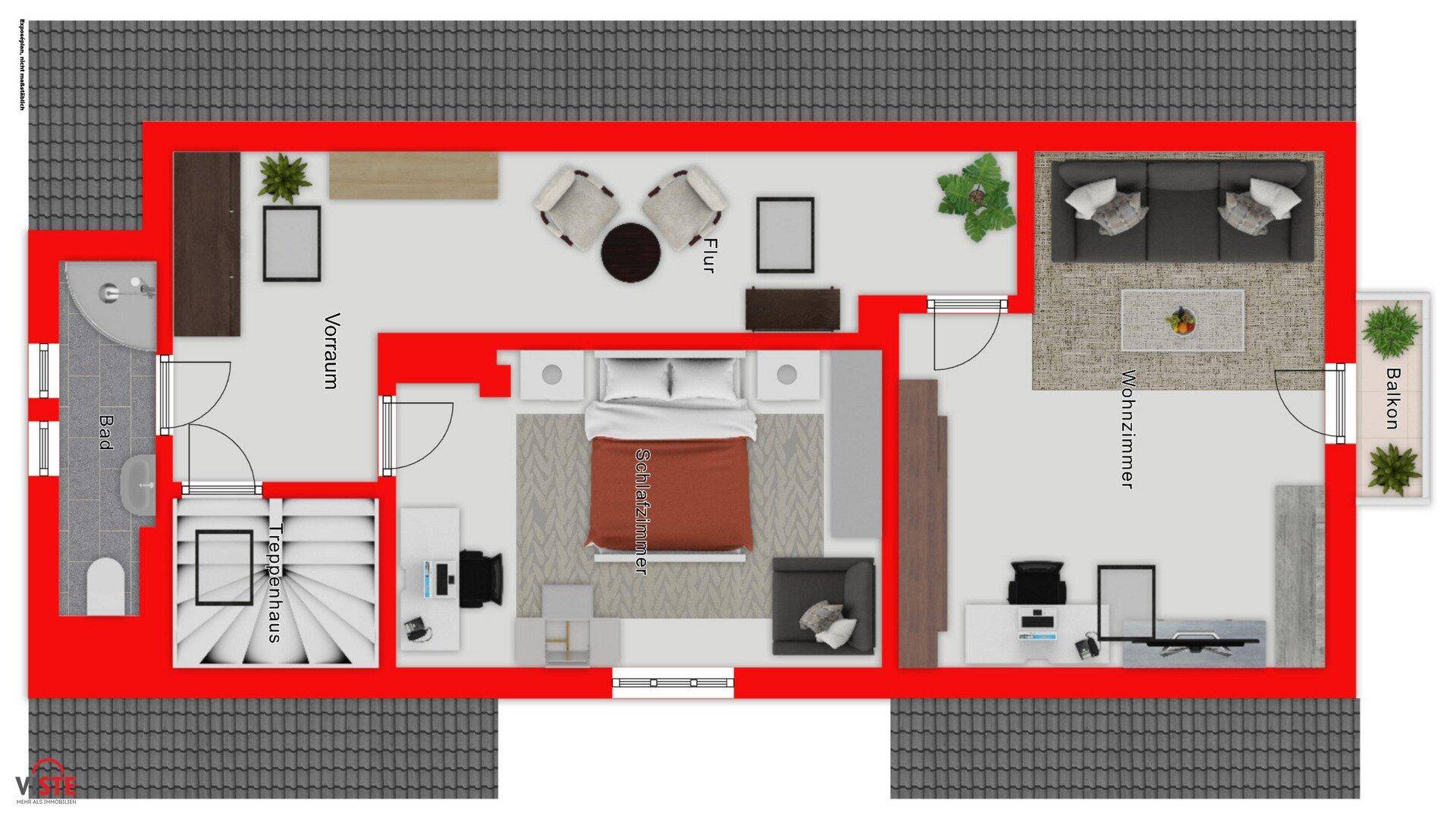 Grundriss des Obergeschosses mit Schlafzimmer, Wohnzimmer, Bad und Balkon.
