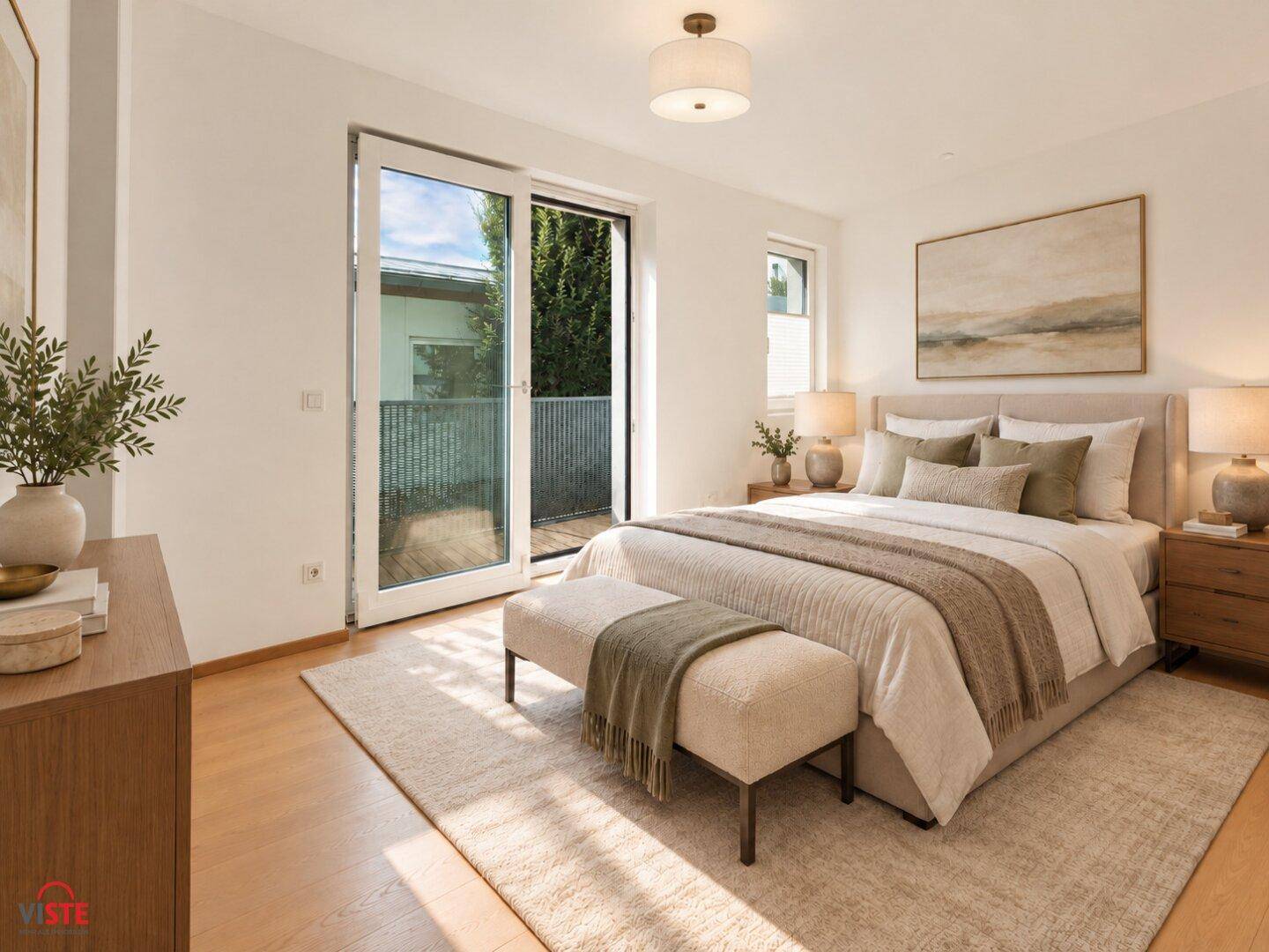 Helles Schlafzimmer mit Holzboden, Zugang zum Balkon und moderner Einrichtung.