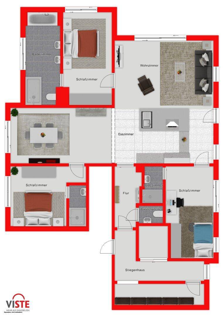 Detaillierter Grundriss einer Wohnung mit mehreren Schlafzimmern und Bädern.