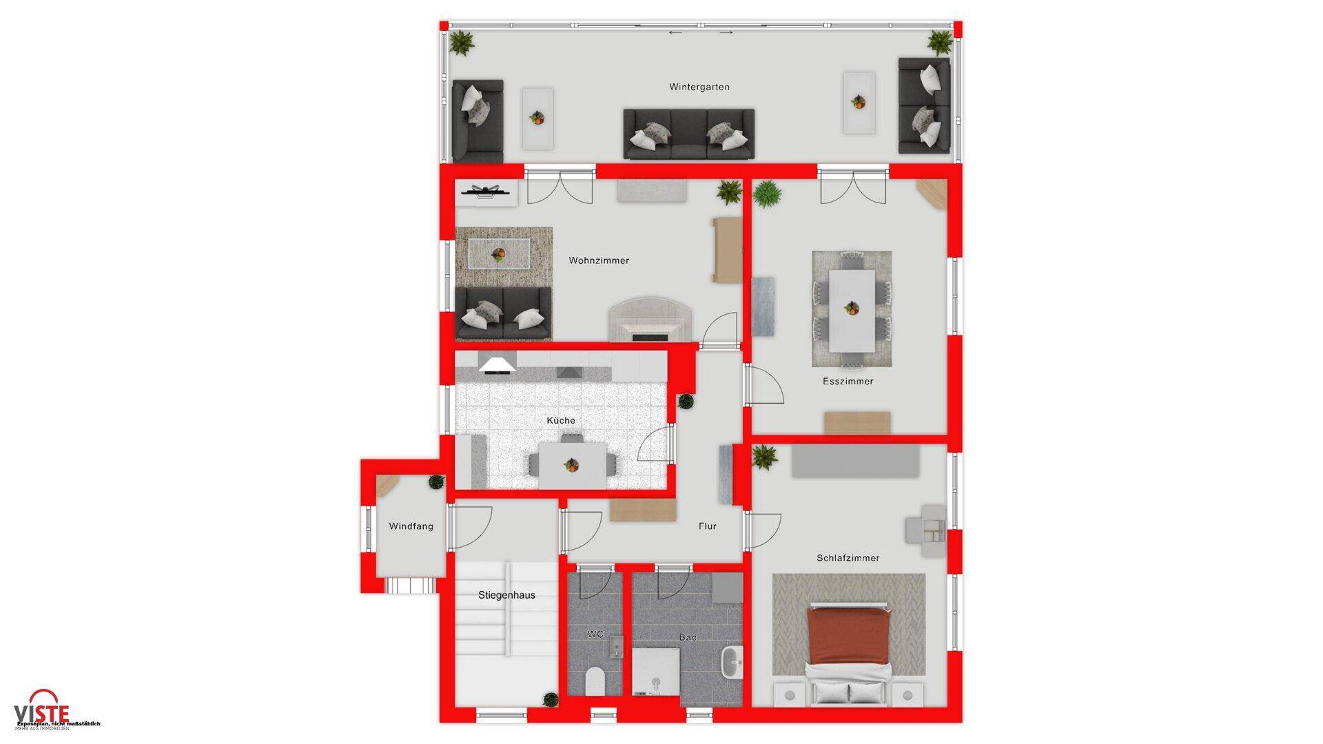 Grundriss des Erdgeschosses mit Wohnzimmer, Küche, Esszimmer und Wintergarten.